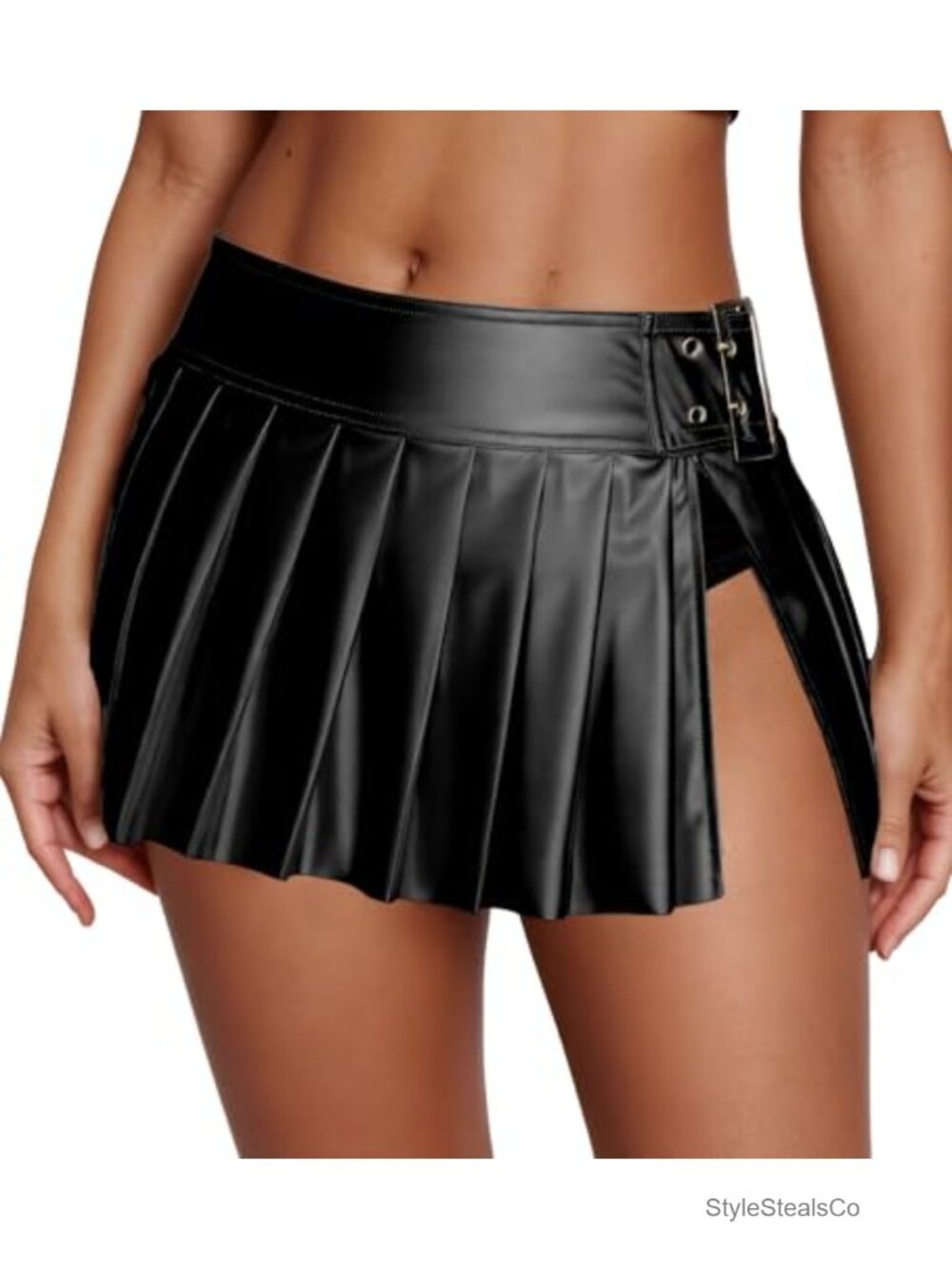 Faux Leather Pleated Mini Skirt Built in Panties Y2K Low Rise Slit Clubwear